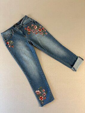 Embroidered Floral Jeans Women Size 8 Boho Raw Hem Straight Leg Denim